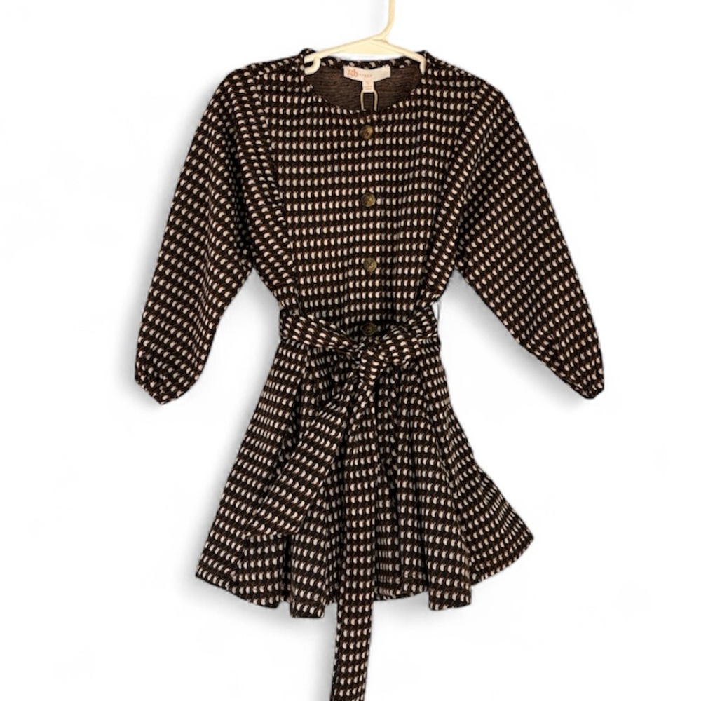 GB Girls Button-Down Long Sleeve Swing Rust/Black/White Printed Knit Dress